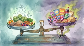 Ilustración de una balanza con alcachofas, aguacate y semillas en un plato, y refrescos, donas y papas fritas en el otro.