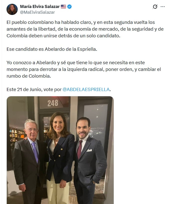 María Elvira Salazar, representante estadounidense, dijo que Abelardo de la Espriella tiene todo para derrotar a la izquierda - crédito @MaElviraSalazar/X