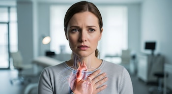 Mujer joven con cabello castaño y expresión preocupada. Su mano izquierda está en el pecho con una superposición del corazón y sistema circulatorio. Fondo de consulta médica.