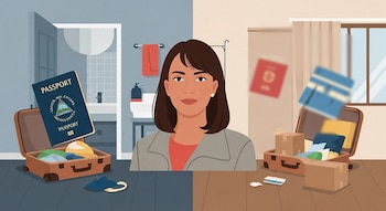 Ilustración de Martha Yesenia Jiménez Moreno con un pasaporte nicaragüense, dos maletas abiertas, objetos personales, un baño y una habitación.