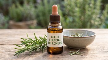 Frasco de vidrio ámbar con cuentagotas y etiqueta de aceite esencial de romero, acompañado de una rama fresca sobre una mesa de madera.