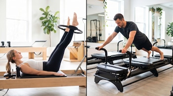 Imagen dividida. Mujer en reformer de madera con aro de Pilates. Hombre haciendo plancha en máquina de resistencia negra. Ambos en estudio luminoso.