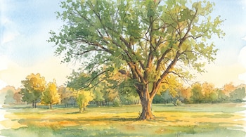 Ilustración en acuarela de un árbol grande sobre un prado verde, con otros árboles en el fondo y cielo teñido de azul y amarillo.