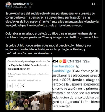 Rick Scott (Estados Unidos): Rick Scott, senador por Florida, instó a mantener la alianza entre Estados Unidos y Colombia, y reconoció el compromiso democrático demostrado en las elecciones - crédito @SenRickScott / X