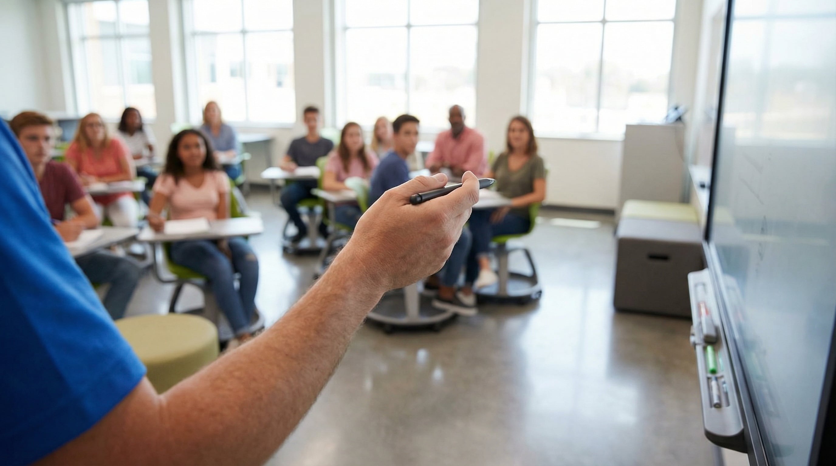 Un profesor utiliza un puntero mientras dicta una clase a un grupo diverso de estudiantes atentos en un aula moderna y luminosa. (Imagen Ilustrativa Infobae)