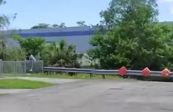 Persona con camiseta clara trepando una valla metálica. Al fondo, árboles frondosos y un edificio. En primer plano, una vía y un guardarraíl con tres reflectores