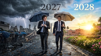 Javier Milei y Luis Caputo caminan con paraguas bajo la lluvia en un lado con la cifra 2027 y hacia un paisaje soleado con flores y el año 2028.