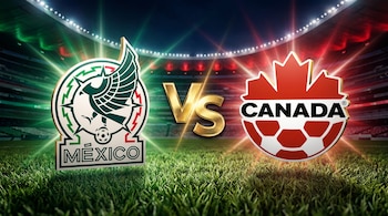 Escudo de fútbol de México y escudo de fútbol de Canadá con la palabra "VS" en dorado, sobre césped verde en un estadio iluminado.