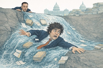 Ilustración caricaturesca de un hombre (Javier Milei) cayendo por una cascada de documentos, con otro hombre (Manuel Adorni) observando desde el borde. Edificios gubernamentales al fondo.