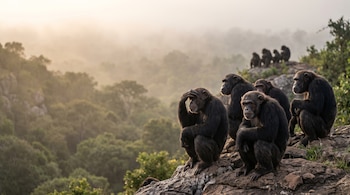 Varios chimpancés sentados en una colina rocosa, mirando hacia un valle boscoso con neblina bajo la luz del amanecer.