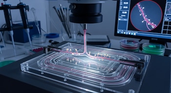 Dispositivo de microfluidos con tubos rojos, ramificaciones amarillas y luz. Monitor muestra imagen ampliada de vasos. Pipetas y material de laboratorio.
