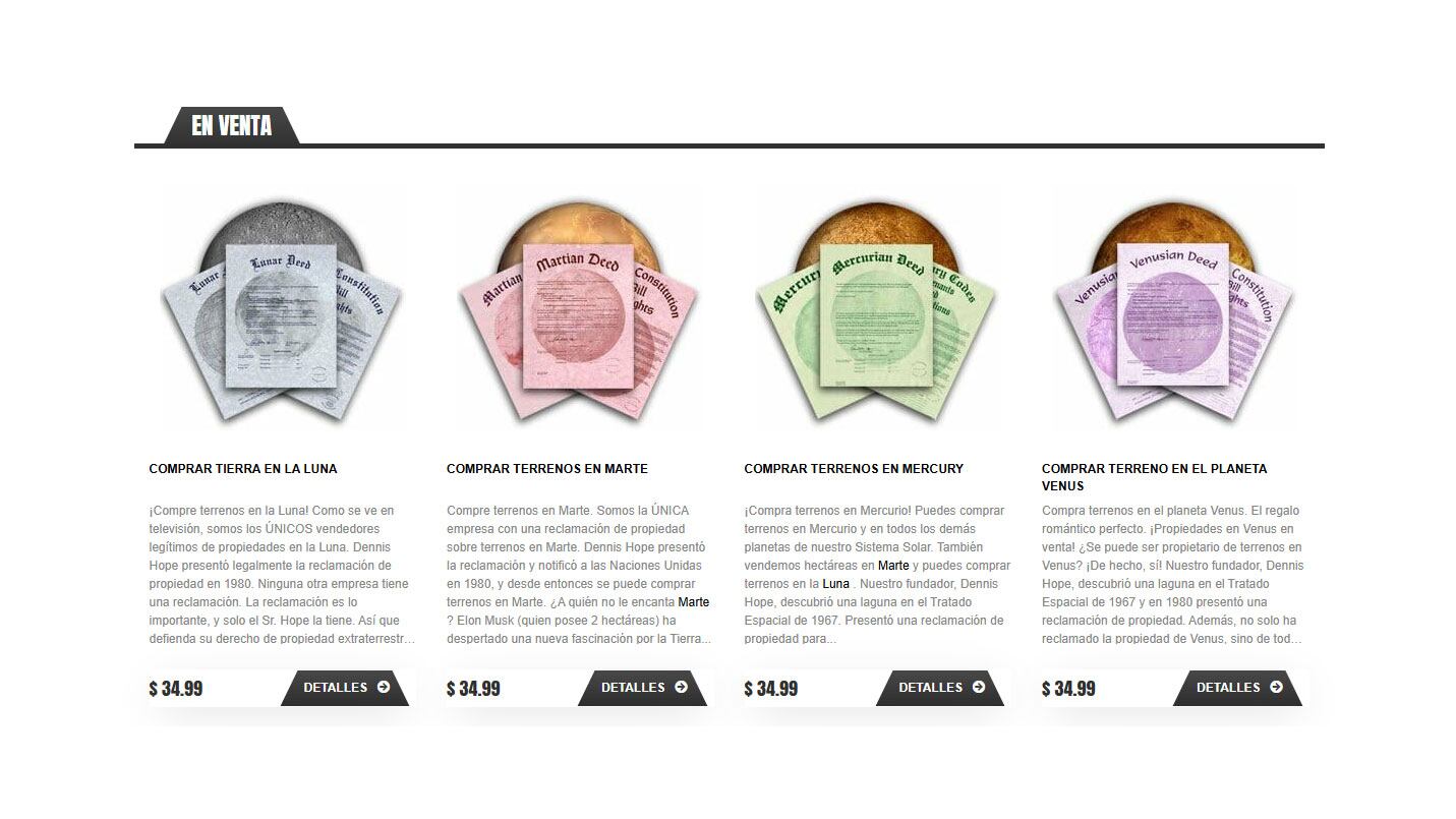 Los lotes que Dennis Hope vende a través de su página de Internet: hay posesiones disponibles en la Luna, en Marte, en Mercurio y en Venus