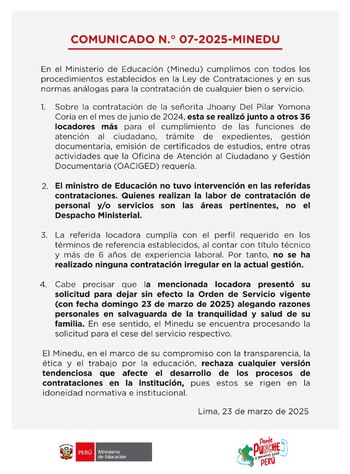 Comunicado del Minedu.