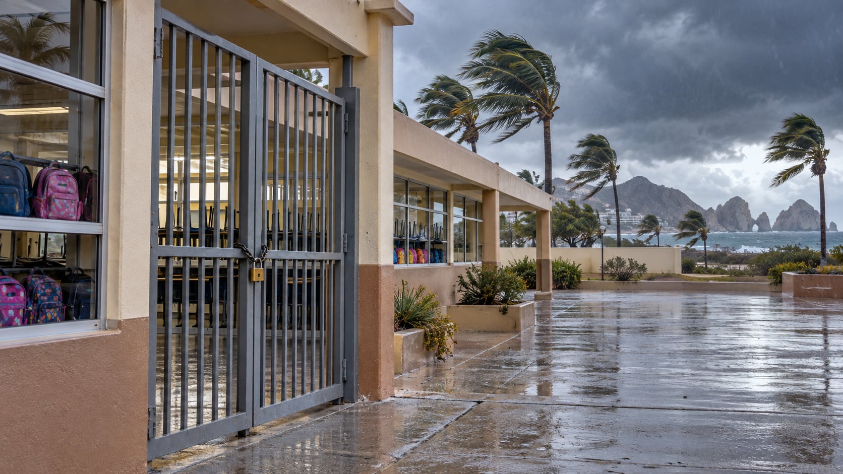Una reja con candado asegura el acceso a una escuela vacía mientras fuertes vientos sacuden las palmeras costeras.