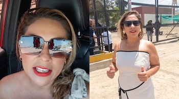 Dos fotos de Helen Silva Padilla con gafas de sol: una dentro de un vehículo y otra de pie al aire libre con vestido blanco y los pulgares arriba