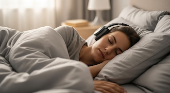 Una mujer joven con cabello oscuro duerme de lado en una cama con sábanas grises, usando auriculares inalámbricos negros y grises.