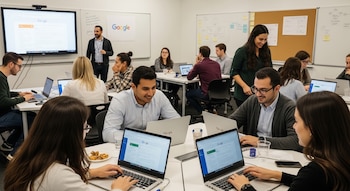 Aula moderna con estudiantes adultos usando laptops en mesas blancas. Un instructor presenta información en una pantalla grande con el logo de Google.