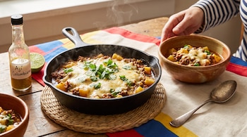 Sartén con carne molida, papas, queso y cilantro. Junto a ella, un cuenco de cerámica, cuchara, botella de ají colombiano y rodaja de lima en una mesa.