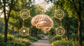 Un modelo iluminado de cerebro humano rodeado por cinco iconos con un corredor, verduras, una cabeza con puzzle, un corazón y tres figuras.