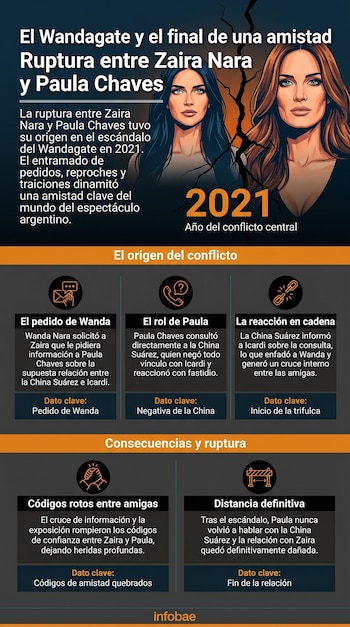 Infografía detallando el Wandagate y la ruptura entre Zaira Nara y Paula Chaves, con retratos estilizados de ambas y texto explicativo del conflicto.