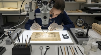 Una conservadora con guantes blancos y pinzas, examinando un papiro antiguo bajo un microscopio en un laboratorio. La mesa iluminada muestra herramientas de precisión.