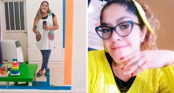 Composición de dos fotos de una mujer sonriente: a la izquierda de cuerpo entero en un aula, a la derecha un primer plano con gafas y suéter amarillo