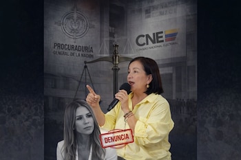 Mujer con micrófono apunta con el dedo, mujer en blanco y negro, logos de Procuraduría y CNE, sello rojo que dice "DENUNCIA".