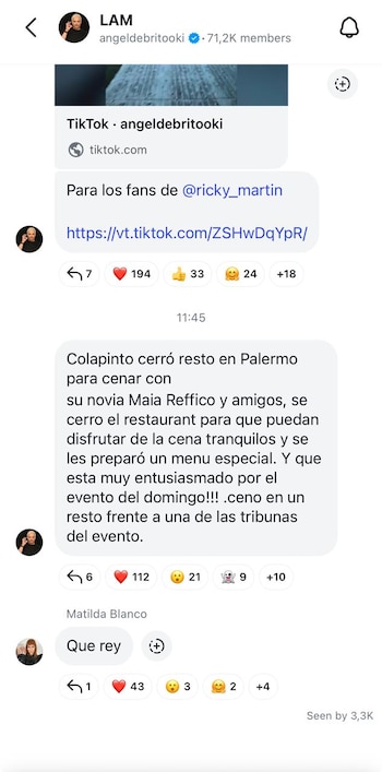 Captura de pantalla de una conversación de chat de LAM en Telegram, mostrando un mensaje sobre Franco Colapinto y Maia Reffico