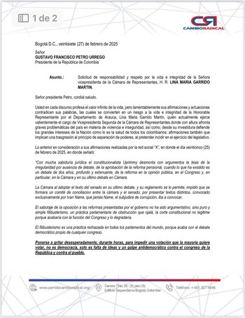 Comunicado oficial del partido Cambio