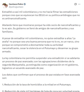 Gustavo Petro criticó la presencia de Abelardo de la Espriella en la extradición de alias Araña - crédito @petrogustavo/ X