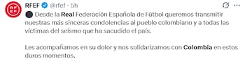 Así apoyó a Colombia, la Real Federación Española de Fútbol . crédito @rfef