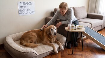 Una mujer cepilla a un perro dorado acostado en una cama acolchada, junto a una mesa con frascos de medicamentos y una rampa.