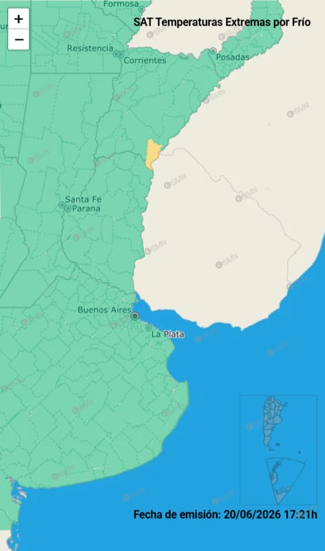 El SMN señaló que el área que comprende a la localidad correntina de Monte Caseros está bajo alerta amarilla por temperaturas extremas de frío.