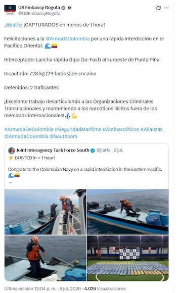 La Embajada de EE. UU. destacó la reacción naval colombiana - crédito @jiatfs/X