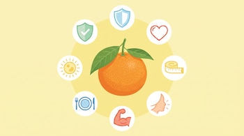Mandarina central con hojas verdes. A su alrededor, siete iconos: dos escudos, un corazon, una cinta metrica, un rostro, un brazo, un plato con cubiertos y una celula. Fondo amarillo.