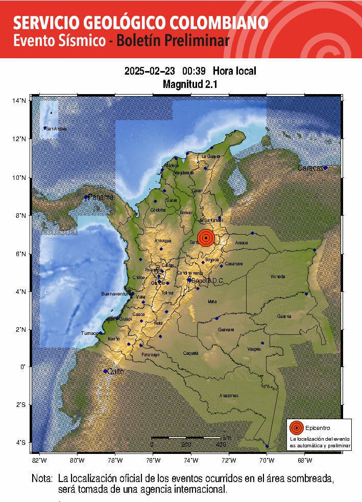 Temblor registrado en Zapatoca en la madrugada del 23 de febrero - crédito SGC