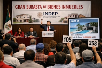 Un subastador en un podio con un martillo dirige una subasta de inmuebles del INDEP. Una pantalla muestra una casa de lujo. La audiencia levanta paletas de oferta.