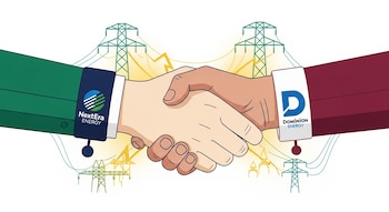 Dos manos estilizadas se estrechan, llevando brazaletes con los logos de NextEra Energy y Dominion Energy. Torres de transmisión y energía fluyendo las conectan.