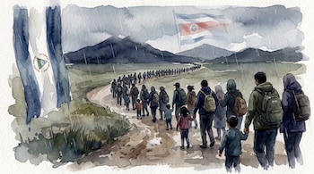 Ilustración en acuarela de una caravana de personas con niños y mochilas que caminan bajo la lluvia por un sendero con montañas y banderas de Nicaragua y Costa Rica.
