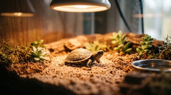 Pequeña tortuga sobre tierra dentro de un terrario con plantas suculentas, un recipiente con agua y una lámpara térmica encendida.