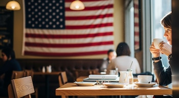 Primer plano de una mujer bebiendo café en una taza blanca en una cafetería, con la bandera de Estados Unidos colgada en la pared del fondo.