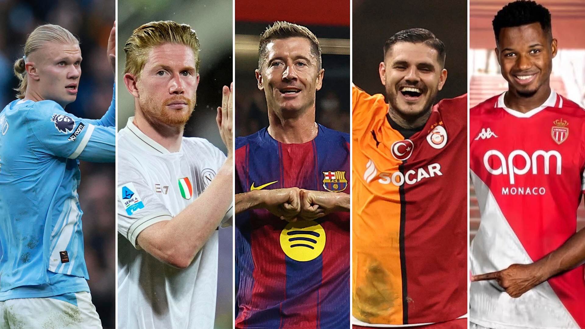 Erling Haaland (Man City), Kevin de Bruyne (Napoli), Robert Lewandowski (Barcelona), Mauro Icardi (Galatasaray), ANsu Fati (Mónaco)