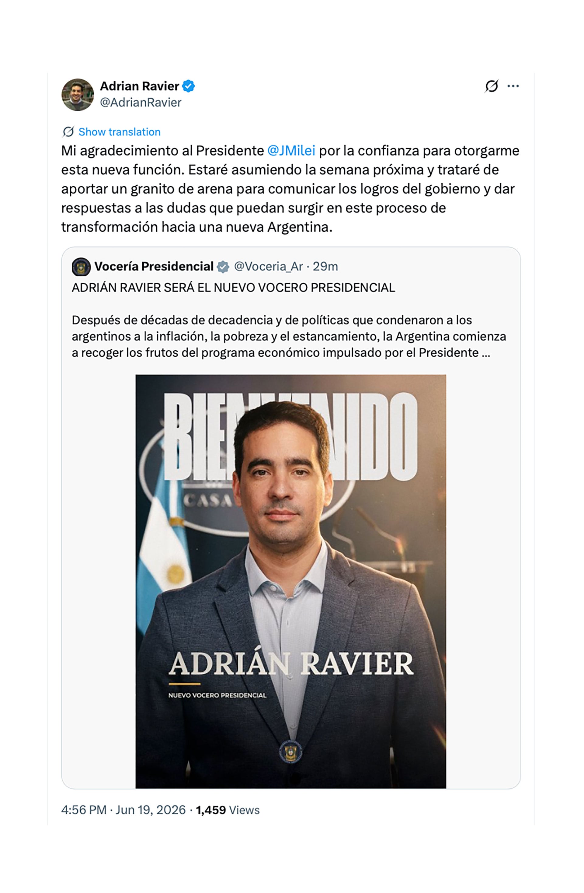 El tuit del nuevo vocero presidencial
