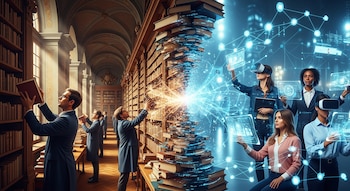 Personas en una biblioteca con libros, una pila de libros que se transforma en datos digitales, y personas con gafas de realidad virtual y pantallas translúcidas.