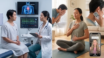 Paciente en consulta médica, doctora, monitores con gráficos. Collage de hombre aplicando agua fría, mujer meditando, hombre con estimulador, móvil con influencer.