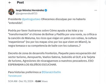 Jorge Méndez le contesta al presidente Gustavo Petro en su cuenta de X - crédito @jorgemendez0723