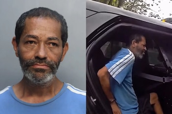 Retrato policial de un hombre con camiseta azul junto a una toma del mismo sujeto con las manos esposadas en el asiento trasero de un vehículo