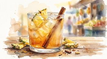 Vaso con bebida de piña y hielo, trozos de piña y una rama de canela sobre una superficie de madera, fondo borroso con figuras y colores.