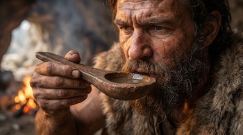 Primer plano de un hombre con barba, vestido con pieles, bebiendo líquido de una cuchara de madera rústica. Al fondo, un fuego borroso.