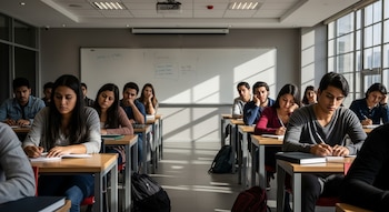 Grupo de jóvenes adultos latinos, hombres y mujeres, sentados en escritorios de madera en un aula moderna con grandes ventanas, tomando notas.